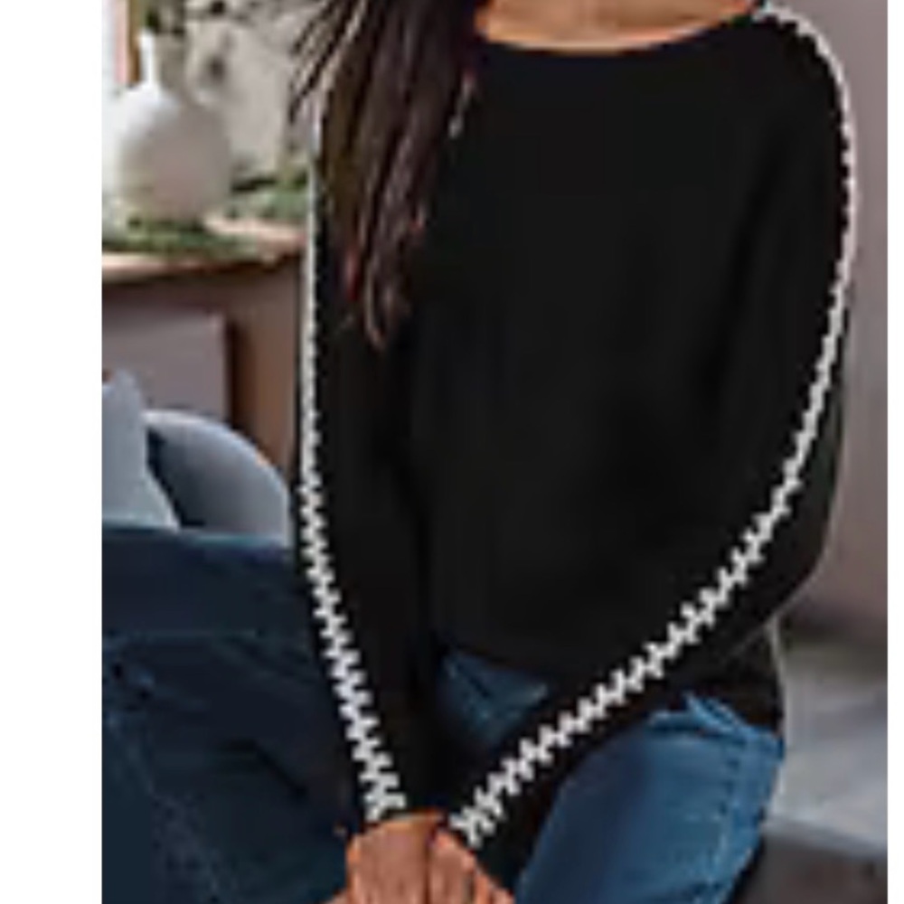 J. Jill Pure Jill Hand Stitched Boatneck Black Sweater White Whipstitch Accents